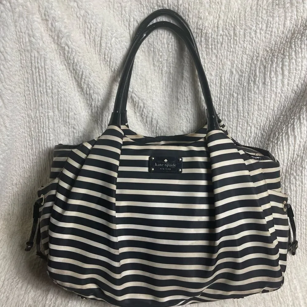 Kate Spafe large black & white striped Nylon diaper bag/travel bag